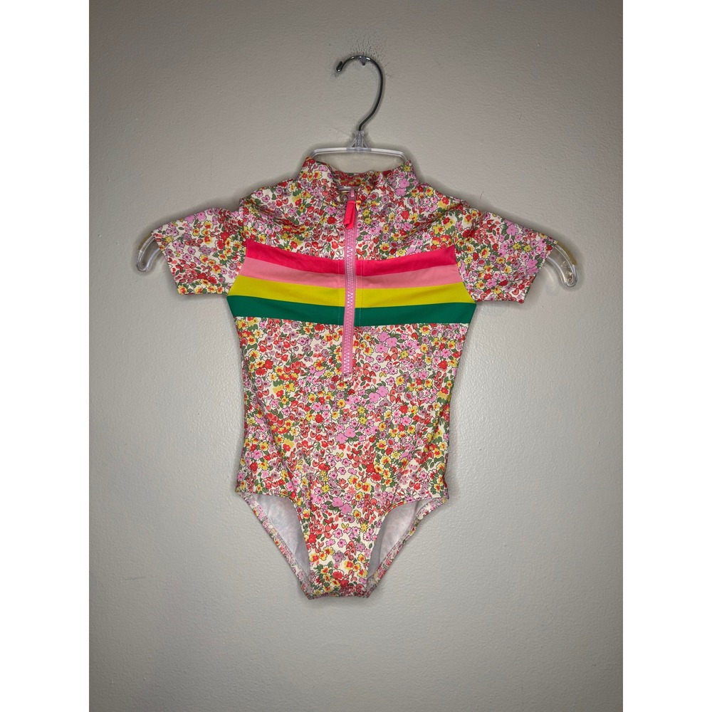 Mini Boden Girls Floral Stripe Rash Guard Swimsuit Pink Yellow Green 2-3Y 98cm